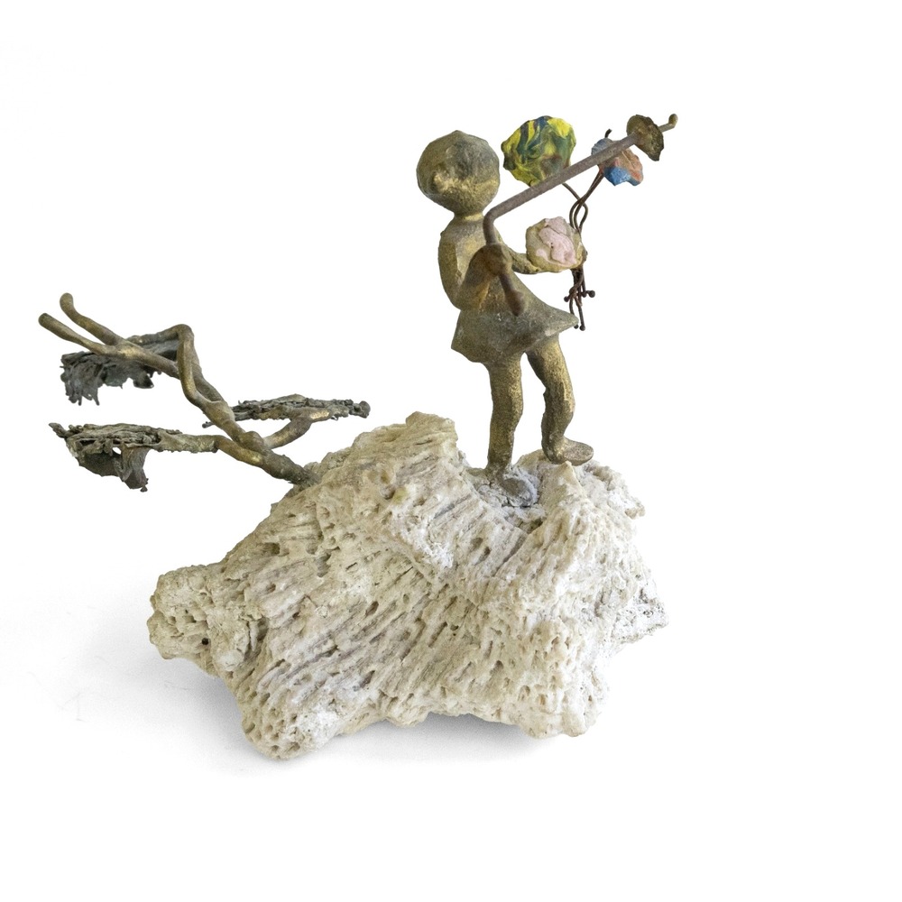 Vintage Brutalist Sculpture Little Girl With Flowers Bronze Stone Base - Picture 1 of 8